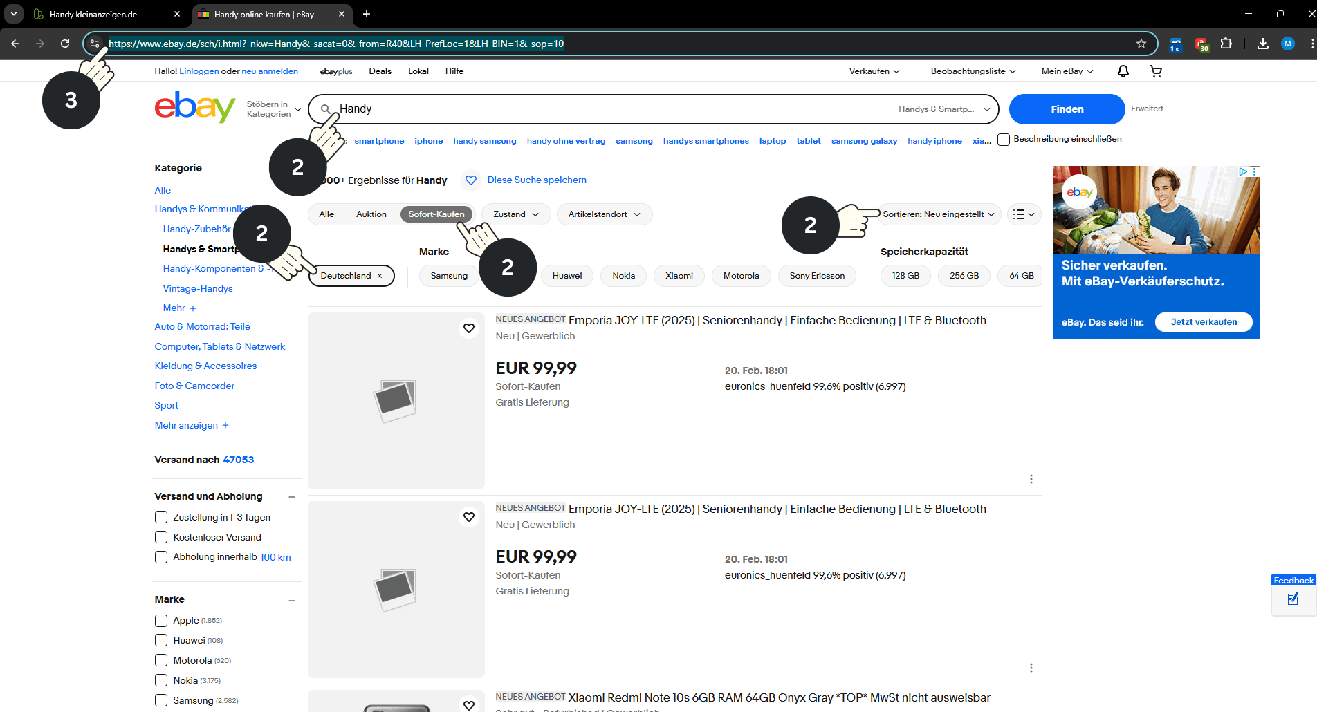 eBay Suche mit Filteroptionen und Sortierung nach Neu eingestellt