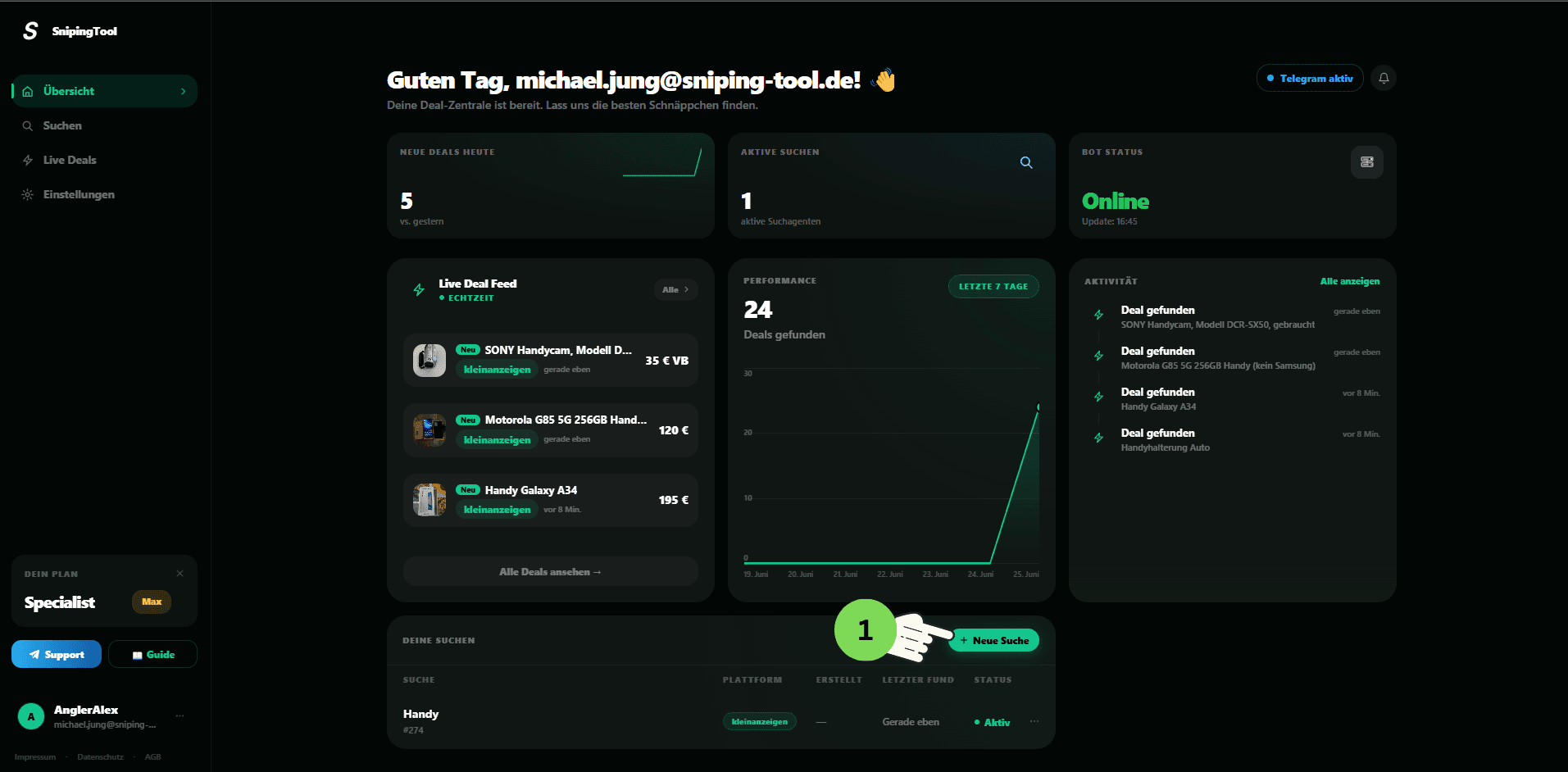 Sniping Tool Dashboard Übersicht mit markiertem Button für Neue Suche