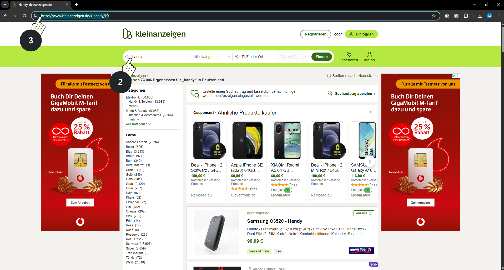 Kleinanzeigen Suche mit gesetzten Filtern und sichtbarem Suchlink in der Browserleiste