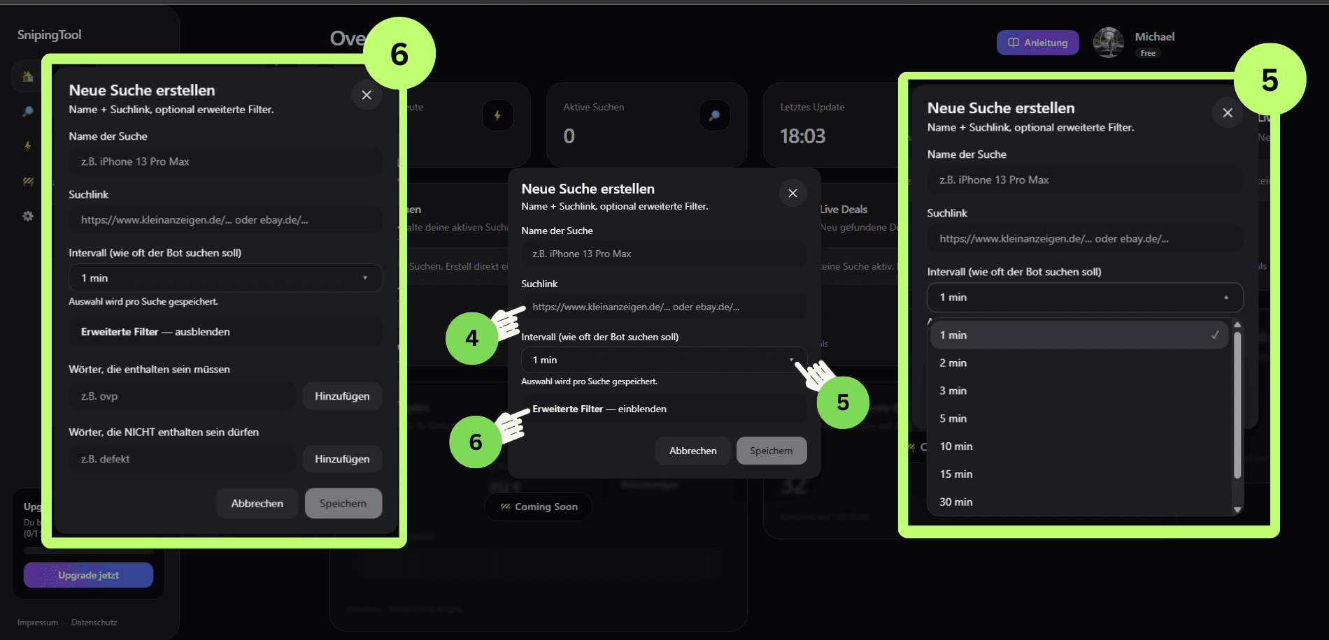 Sniping Tool neue Suche erstellen mit Intervall und Keyword-Filtern